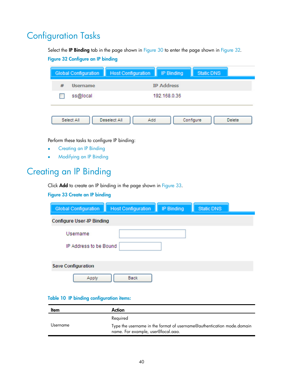 Configuration tasks, Creating an ip binding | H3C Technologies H3C SecBlade SSL VPN Cards User Manual | Page 48 / 81