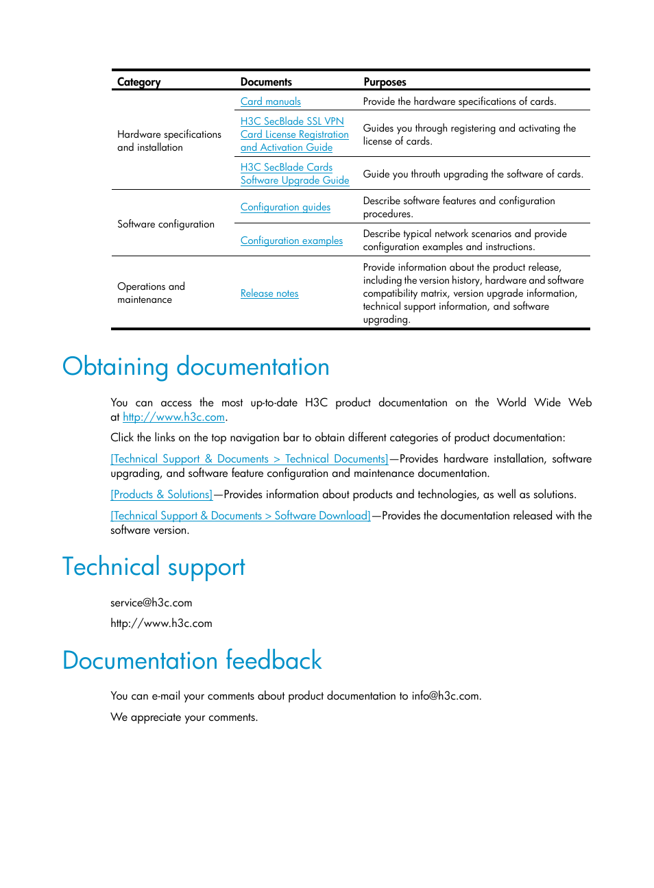 Obtaining documentation, Technical support, Documentation feedback | H3C Technologies H3C SecBlade SSL VPN Cards User Manual | Page 5 / 81