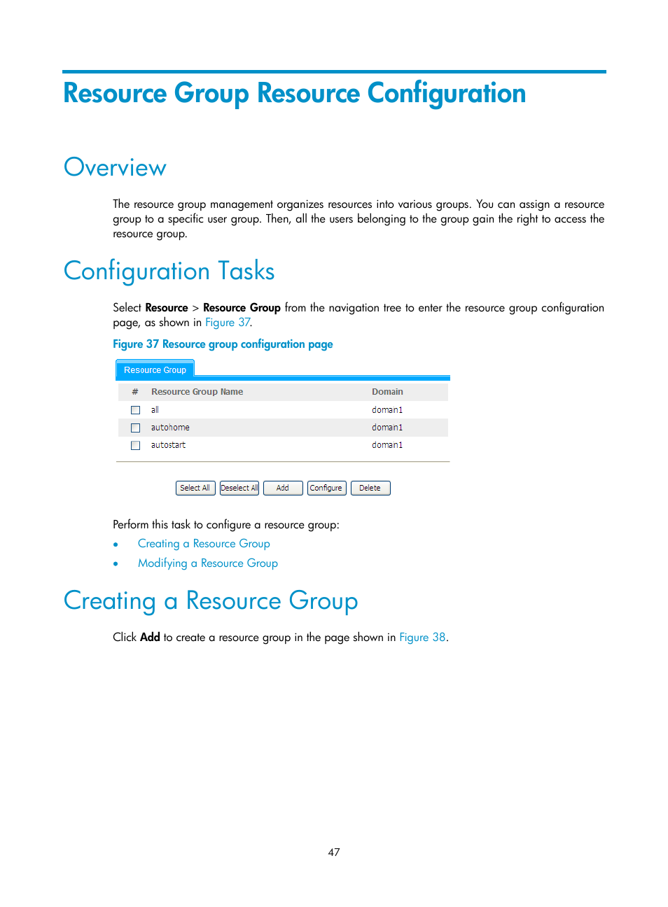 Resource group resource configuration, Overview, Configuration tasks | Creating a resource group | H3C Technologies H3C SecBlade SSL VPN Cards User Manual | Page 55 / 81