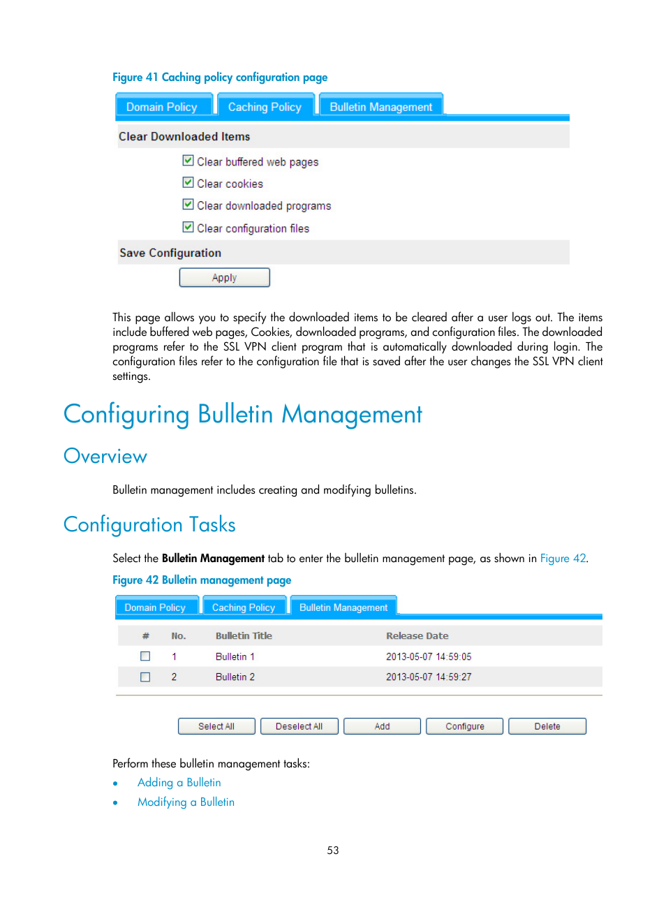 Configuring bulletin management, Overview, Configuration tasks | H3C Technologies H3C SecBlade SSL VPN Cards User Manual | Page 61 / 81