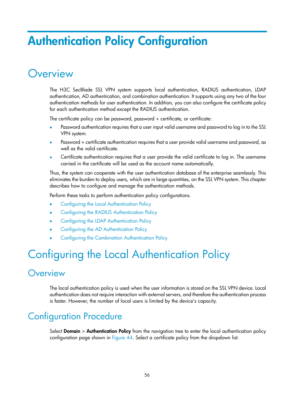 Authentication policy configuration, Overview, Configuring the local authentication policy | Configuration procedure | H3C Technologies H3C SecBlade SSL VPN Cards User Manual | Page 64 / 81