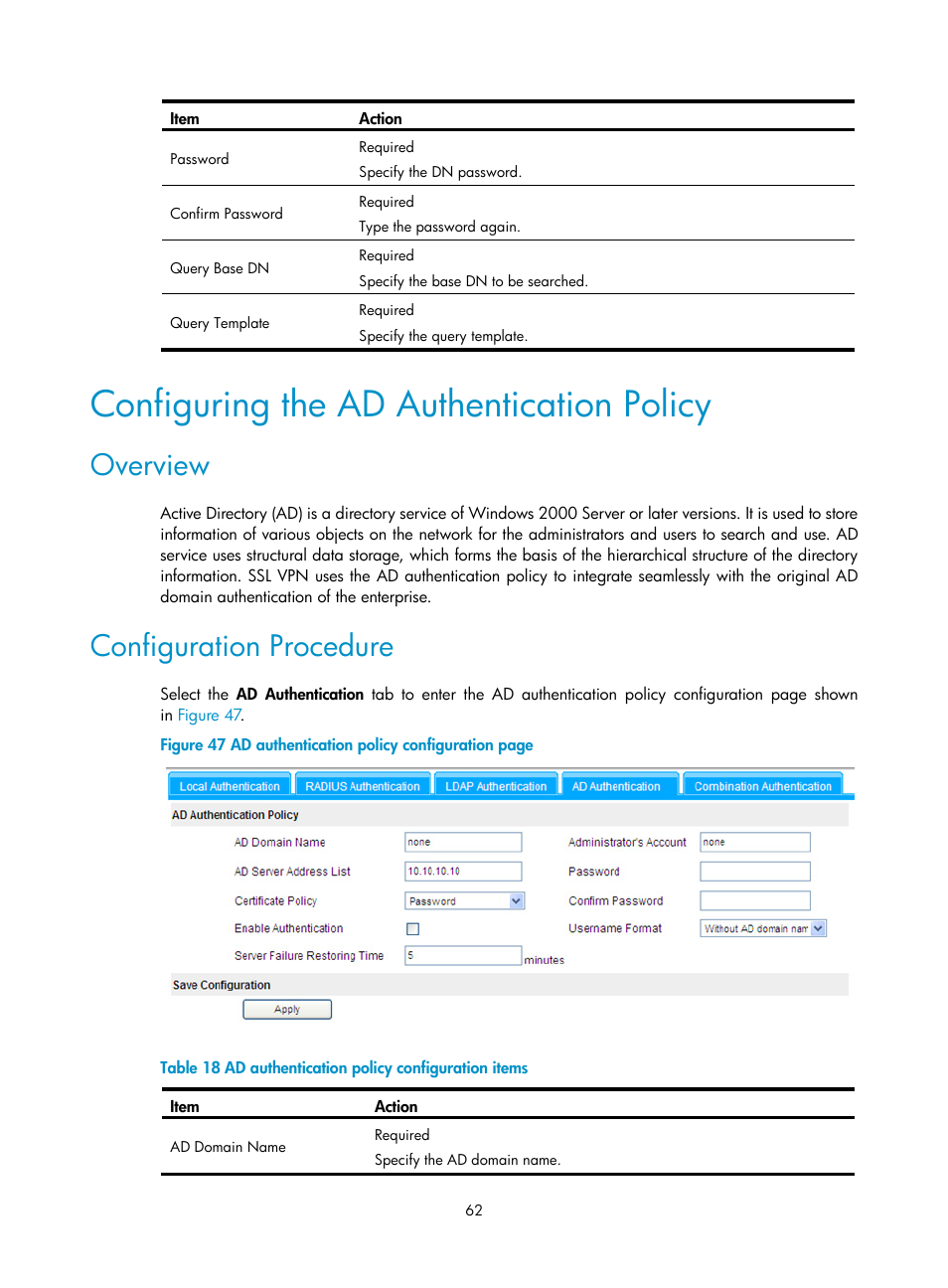 Configuring the ad authentication policy, Overview, Configuration procedure | H3C Technologies H3C SecBlade SSL VPN Cards User Manual | Page 70 / 81