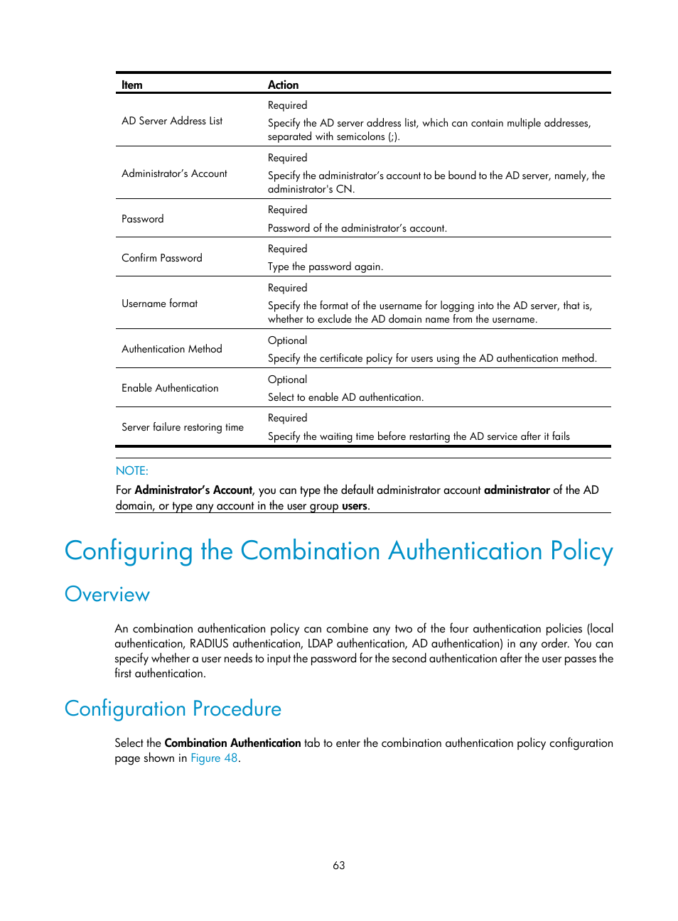 Configuring the combination authentication policy, Overview, Configuration procedure | H3C Technologies H3C SecBlade SSL VPN Cards User Manual | Page 71 / 81