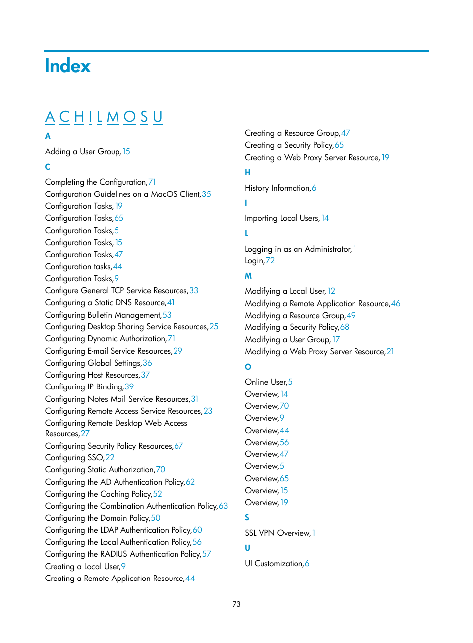 Index | H3C Technologies H3C SecBlade SSL VPN Cards User Manual | Page 81 / 81