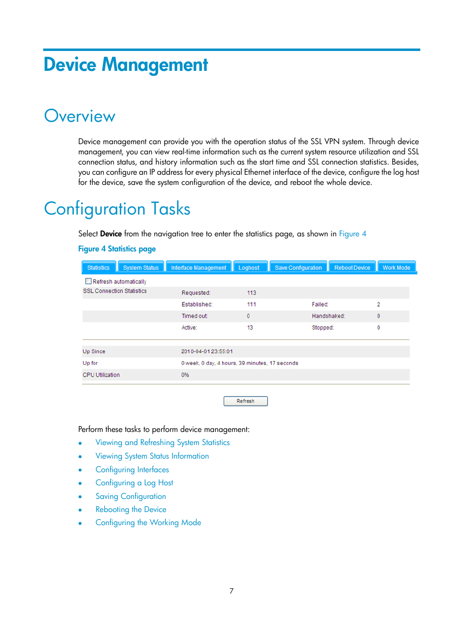 Device management, Overview, Configuration tasks | H3C Technologies H3C SecBlade SSL VPN Cards User Manual | Page 14 / 32