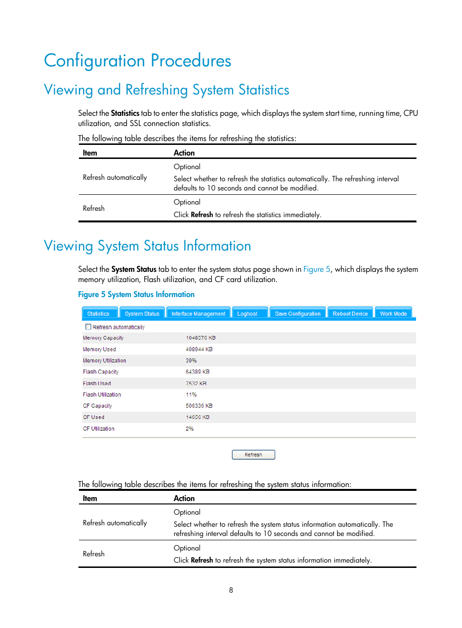 Configuration procedures, Viewing and refreshing system statistics, Viewing system status information | H3C Technologies H3C SecBlade SSL VPN Cards User Manual | Page 15 / 32