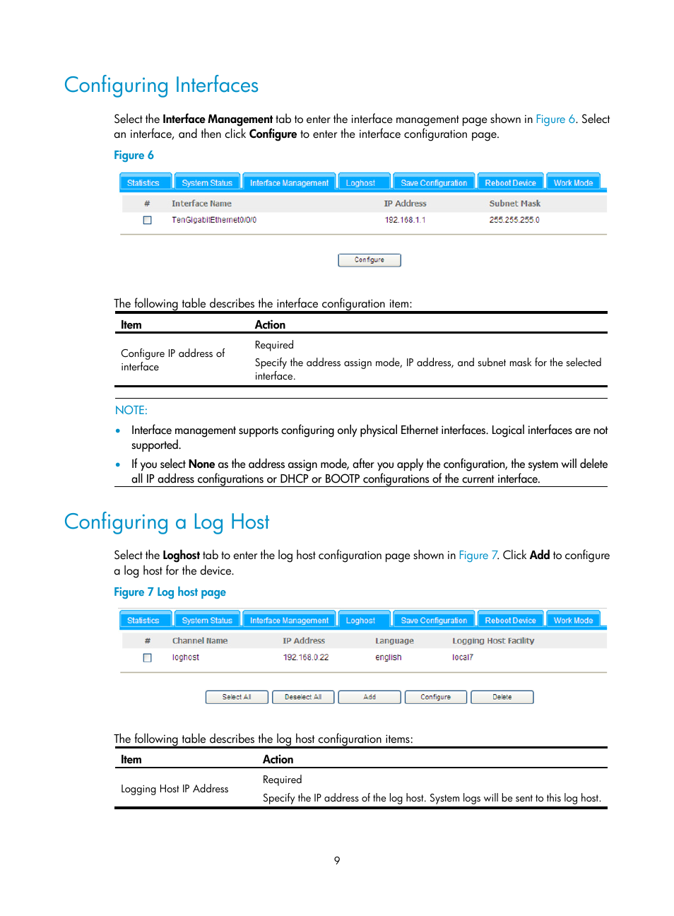 Configuring interfaces, Configuring a log host | H3C Technologies H3C SecBlade SSL VPN Cards User Manual | Page 16 / 32