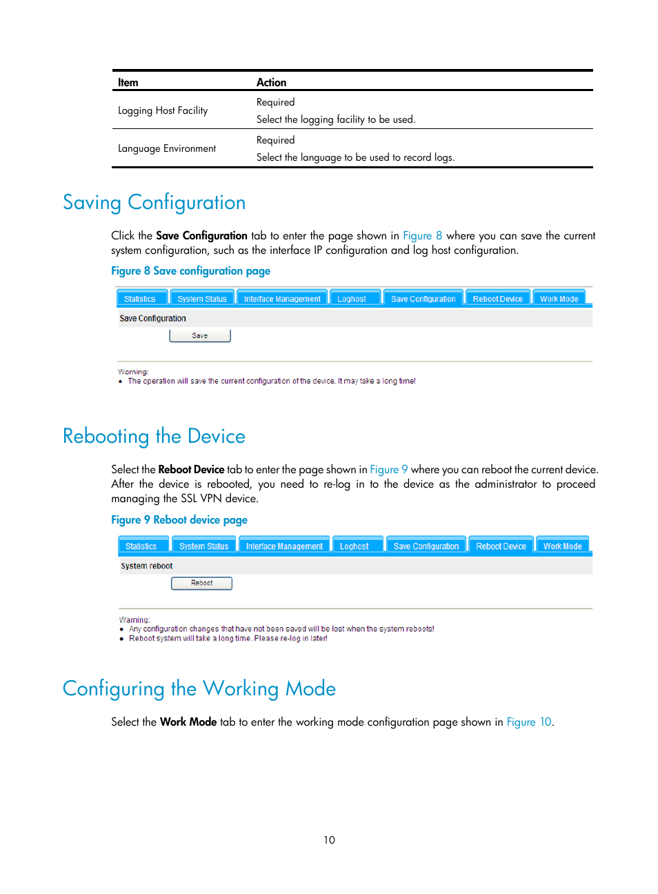 Saving configuration, Rebooting the device, Configuring the working mode | H3C Technologies H3C SecBlade SSL VPN Cards User Manual | Page 17 / 32