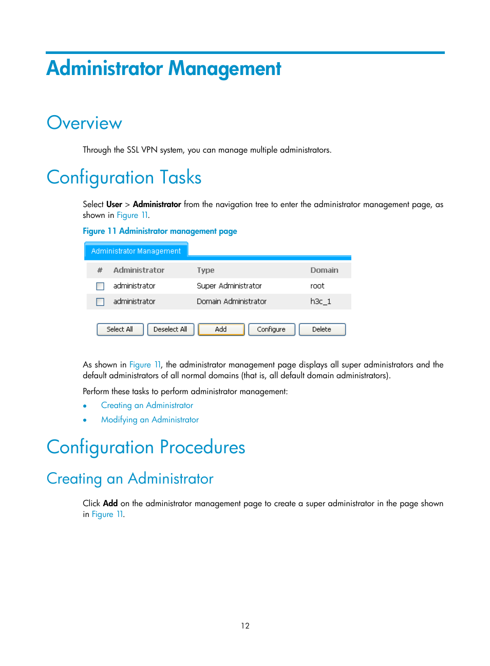 Administrator management, Overview, Configuration tasks | Configuration procedures, Creating an administrator | H3C Technologies H3C SecBlade SSL VPN Cards User Manual | Page 19 / 32