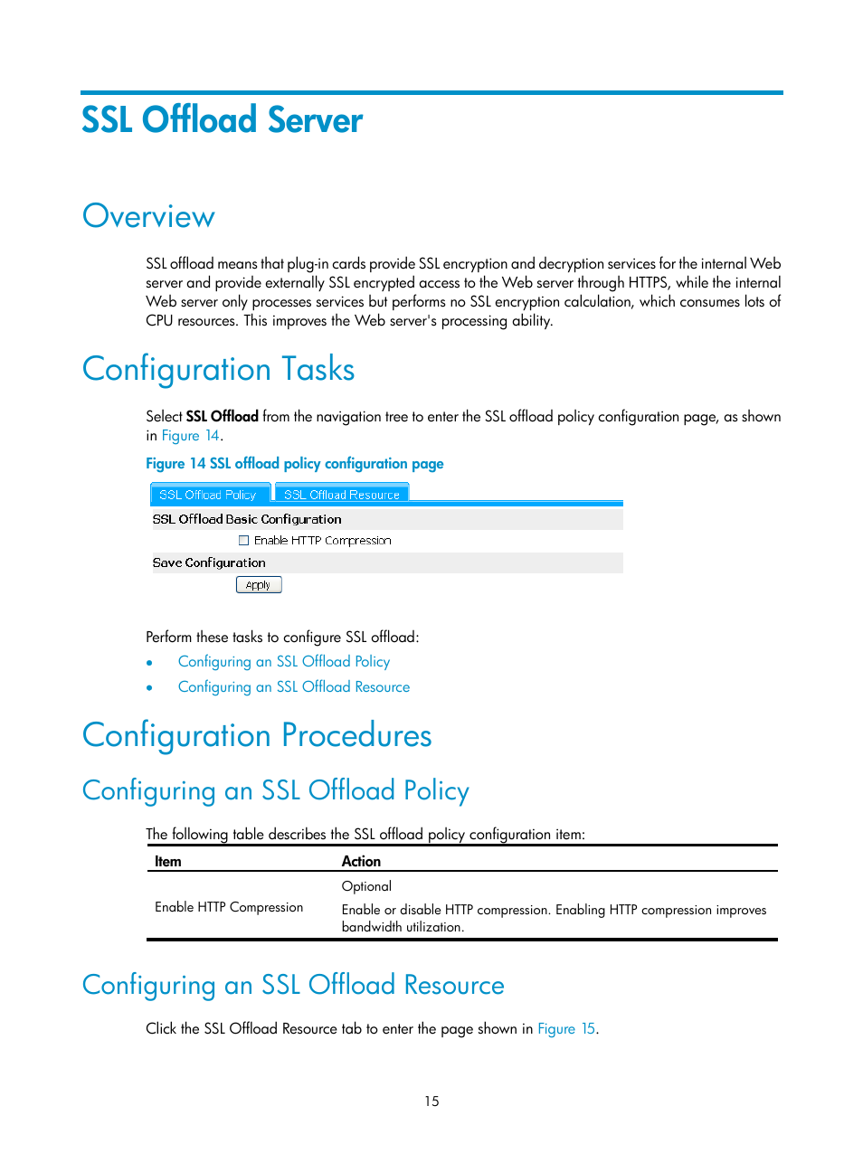 Ssl offload server, Overview, Configuration tasks | Configuration procedures, Configuring an ssl offload policy, Configuring an ssl offload resource | H3C Technologies H3C SecBlade SSL VPN Cards User Manual | Page 22 / 32