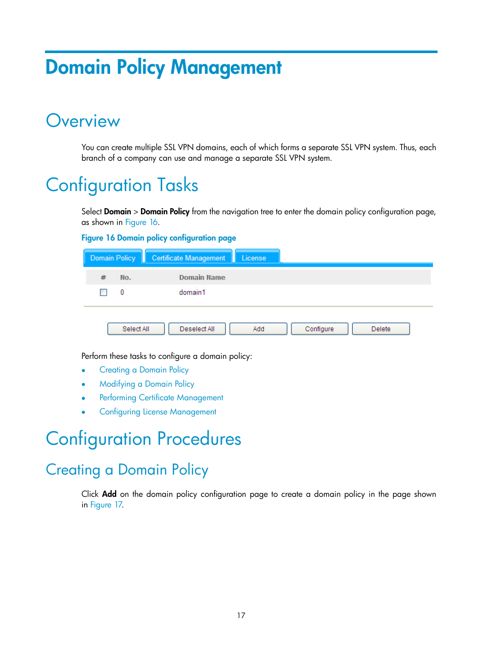 Domain policy management, Overview, Configuration tasks | Configuration procedures, Creating a domain policy | H3C Technologies H3C SecBlade SSL VPN Cards User Manual | Page 24 / 32