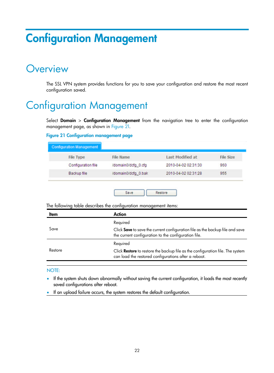 Configuration management, Overview | H3C Technologies H3C SecBlade SSL VPN Cards User Manual | Page 29 / 32