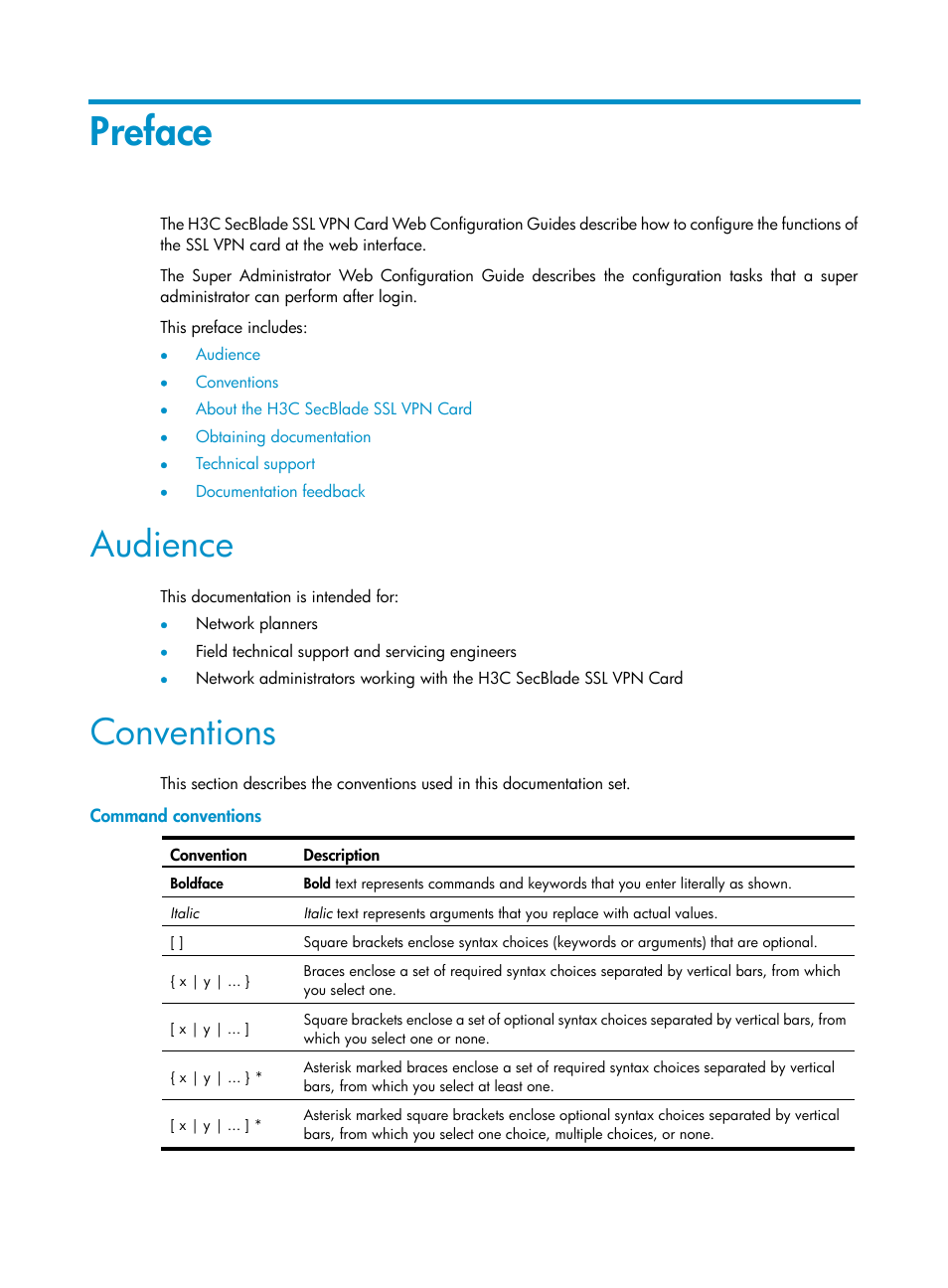 Preface, Audience, Conventions | Command conventions | H3C Technologies H3C SecBlade SSL VPN Cards User Manual | Page 3 / 32