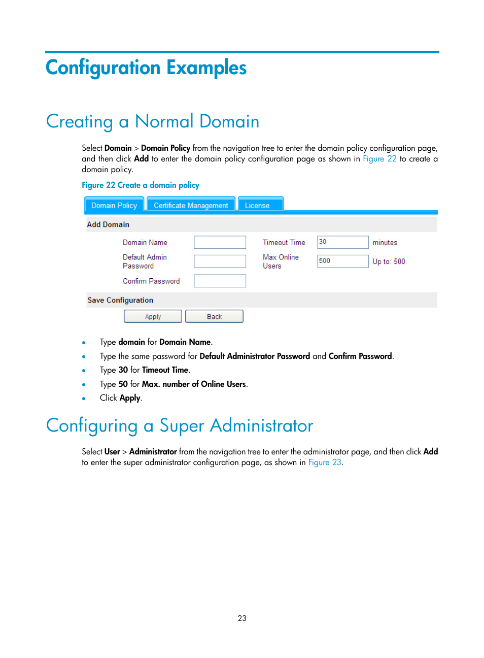 Configuration examples, Creating a normal domain, Configuring a super administrator | H3C Technologies H3C SecBlade SSL VPN Cards User Manual | Page 30 / 32