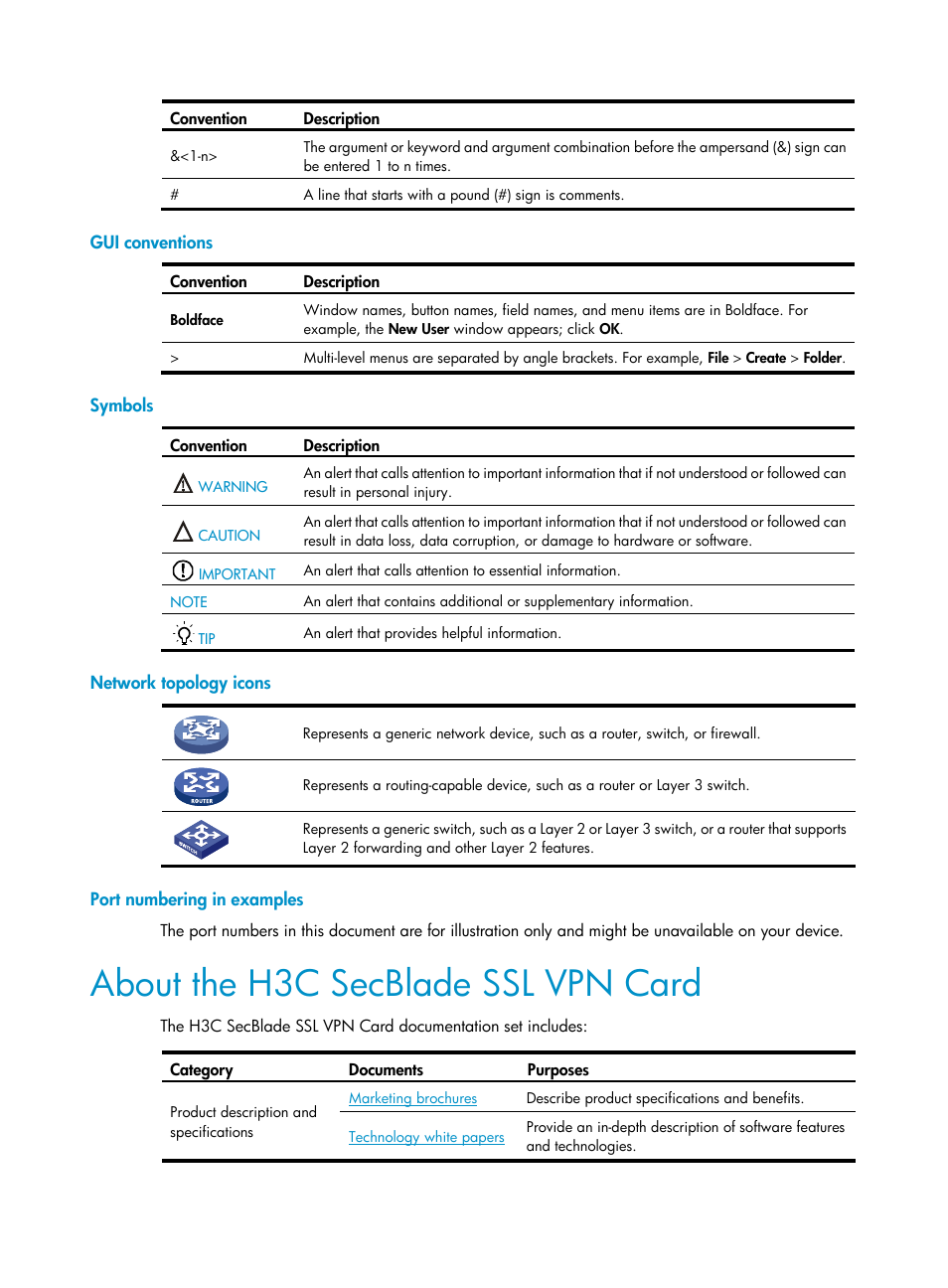 Gui conventions, Symbols, Network topology icons | Port numbering in examples, About the h3c secblade ssl vpn card | H3C Technologies H3C SecBlade SSL VPN Cards User Manual | Page 4 / 32