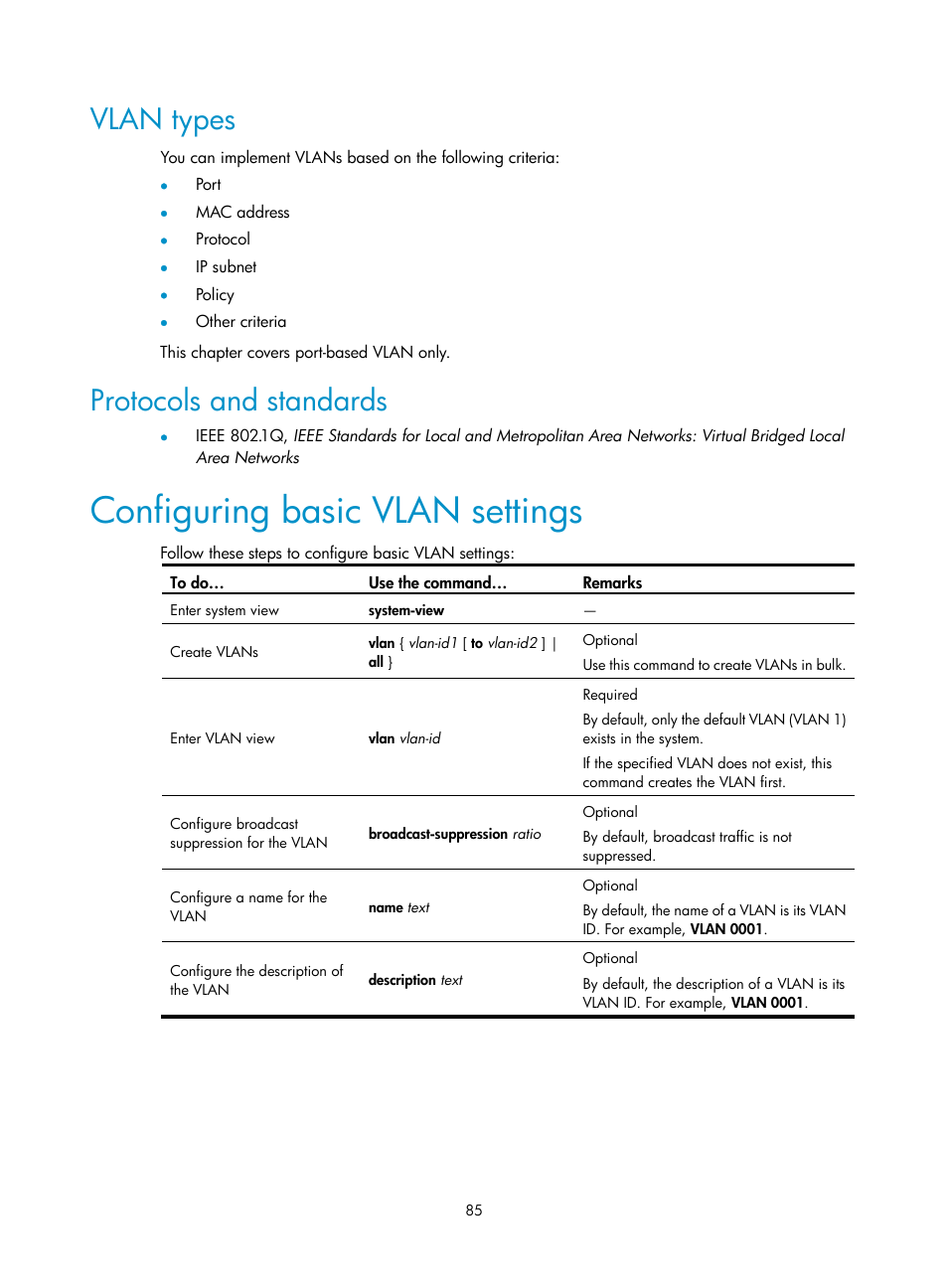 Vlan types, Protocols and standards, Configuring basic vlan settings | H3C Technologies H3C SecBlade NetStream Cards User Manual | Page 100 / 349