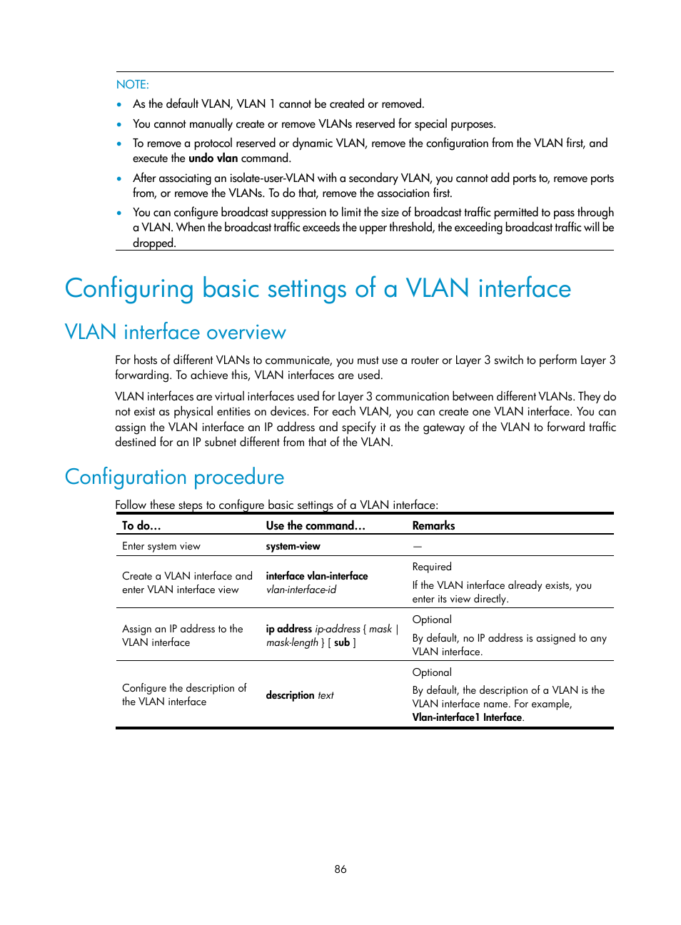 Configuring basic settings of a vlan interface, Vlan interface overview, Configuration procedure | H3C Technologies H3C SecBlade NetStream Cards User Manual | Page 101 / 349