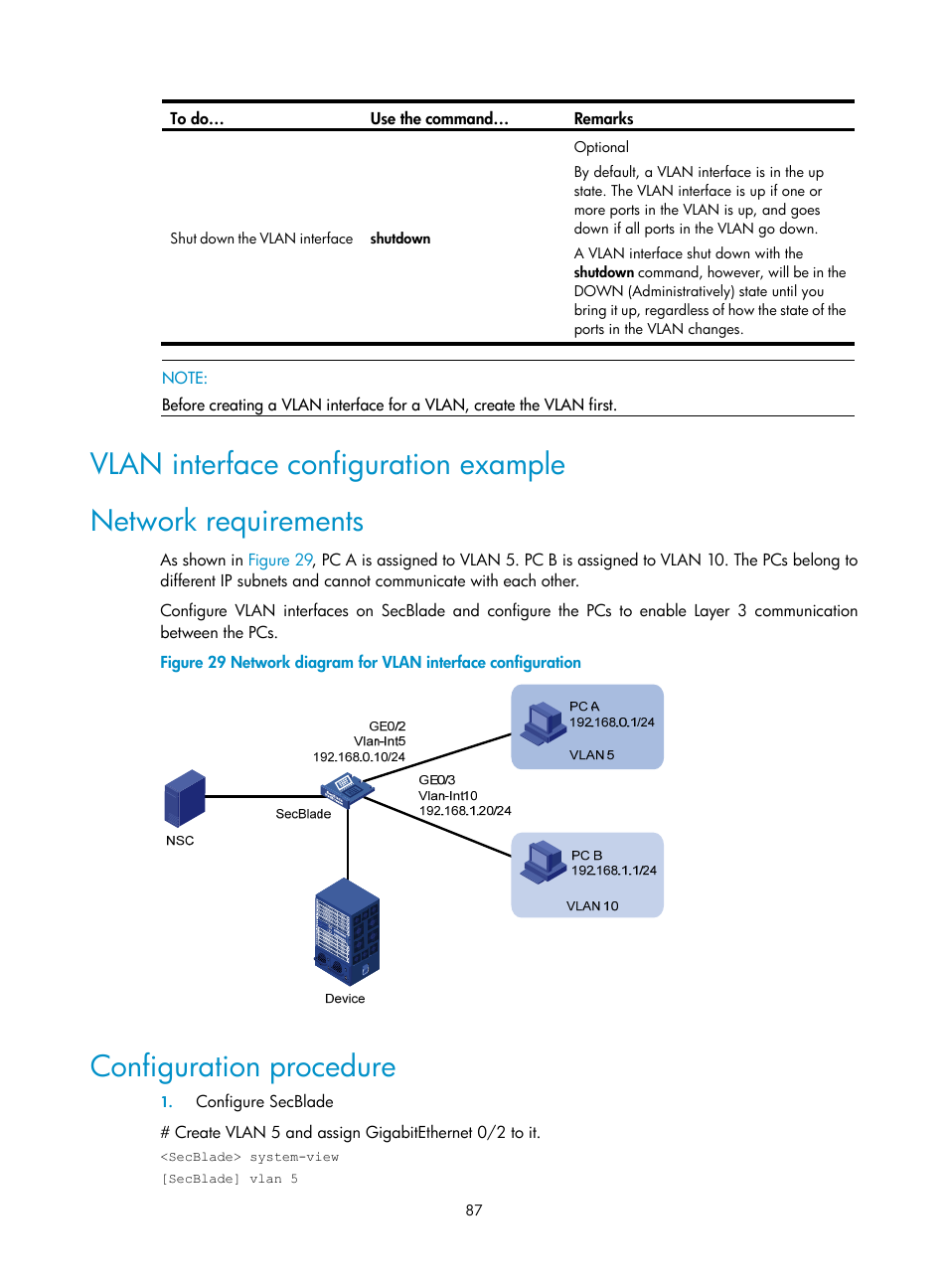 Vlan interface configuration example, Network requirements, Configuration procedure | H3C Technologies H3C SecBlade NetStream Cards User Manual | Page 102 / 349