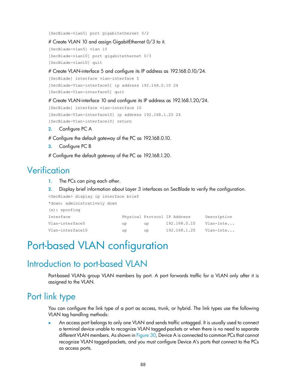 Verification, Port-based vlan configuration, Introduction to port-based vlan | Port link type | H3C Technologies H3C SecBlade NetStream Cards User Manual | Page 103 / 349