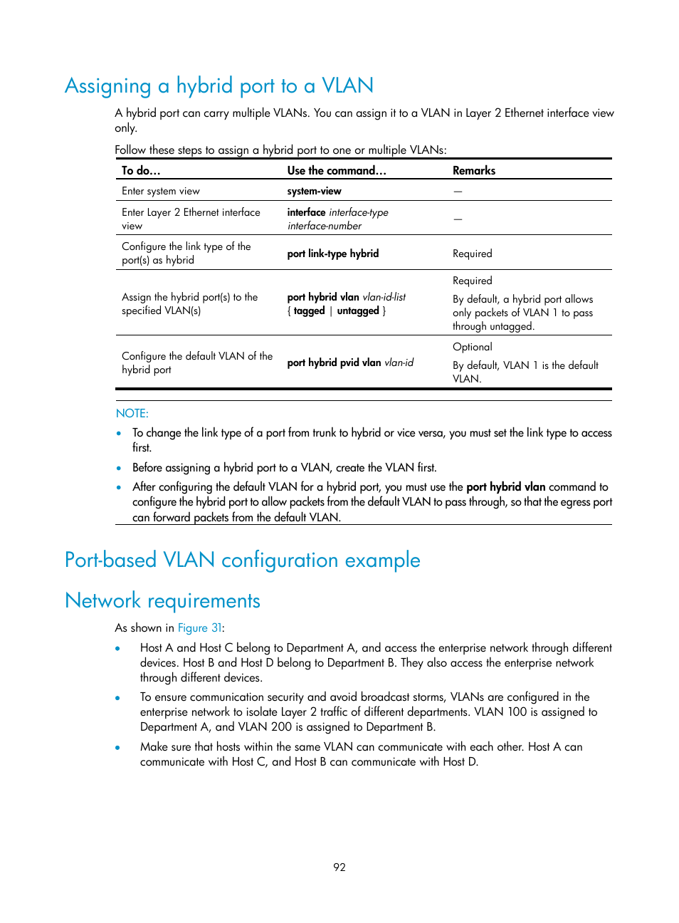 Assigning a hybrid port to a vlan, Port-based vlan configuration example, Network requirements | H3C Technologies H3C SecBlade NetStream Cards User Manual | Page 107 / 349