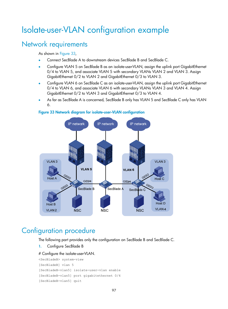 Isolate-user-vlan configuration example, Network requirements, Configuration procedure | H3C Technologies H3C SecBlade NetStream Cards User Manual | Page 112 / 349