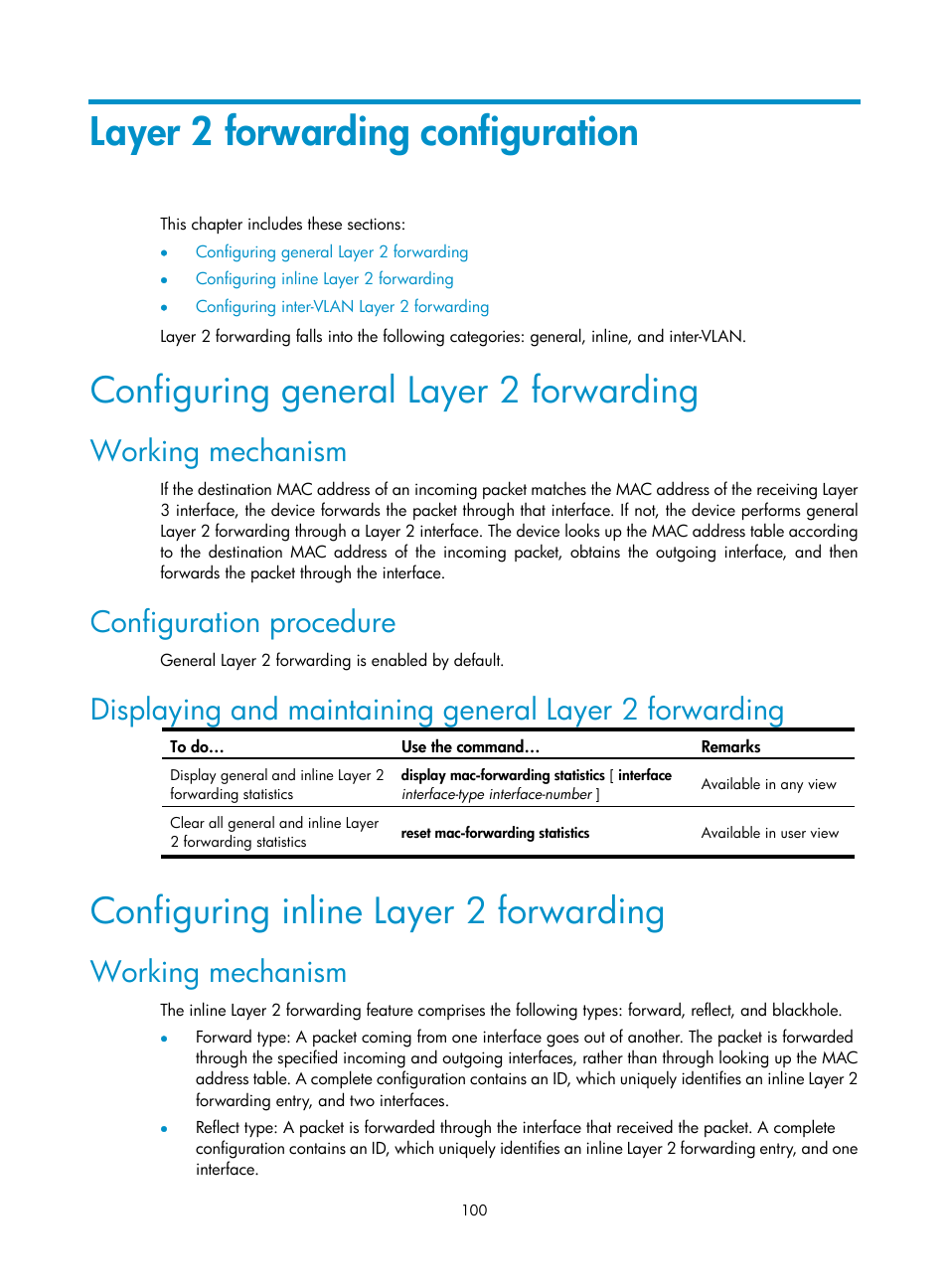 Layer 2 forwarding configuration, Configuring general layer 2 forwarding, Working mechanism | Configuration procedure, Configuring inline layer 2 forwarding | H3C Technologies H3C SecBlade NetStream Cards User Manual | Page 115 / 349