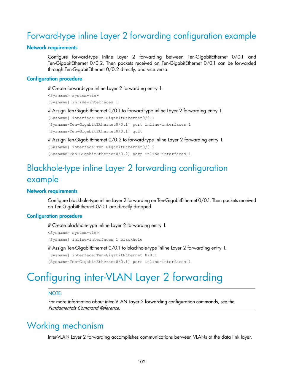 Network requirements, Configuration procedure, Configuring inter-vlan layer 2 forwarding | Working mechanism | H3C Technologies H3C SecBlade NetStream Cards User Manual | Page 117 / 349