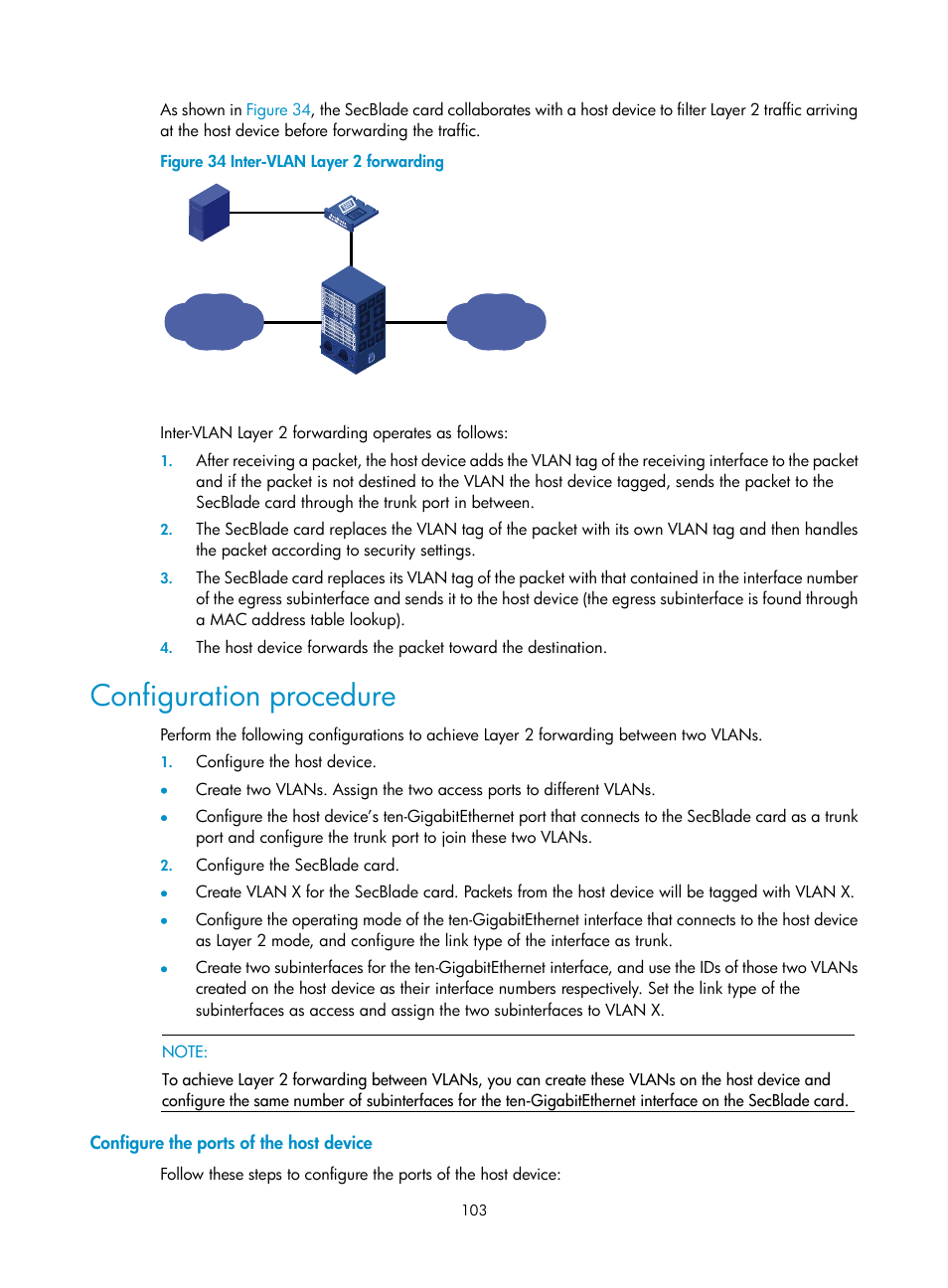 Configuration procedure, Configure the ports of the host device | H3C Technologies H3C SecBlade NetStream Cards User Manual | Page 118 / 349