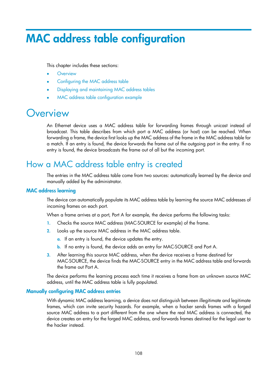 Mac address table configuration, Overview, How a mac address table entry is created | Mac address learning, Manually configuring mac address entries | H3C Technologies H3C SecBlade NetStream Cards User Manual | Page 123 / 349