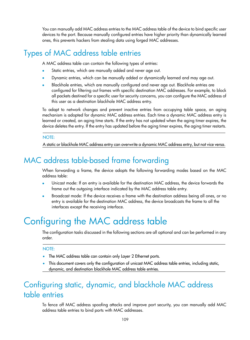 Types of mac address table entries, Mac address table-based frame forwarding, Configuring the mac address table | H3C Technologies H3C SecBlade NetStream Cards User Manual | Page 124 / 349
