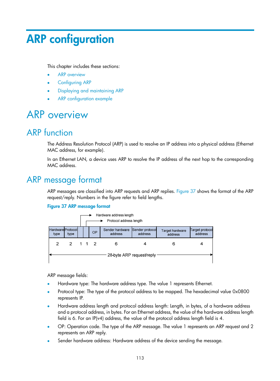 Arp configuration, Arp overview, Arp function | Arp message format | H3C Technologies H3C SecBlade NetStream Cards User Manual | Page 128 / 349