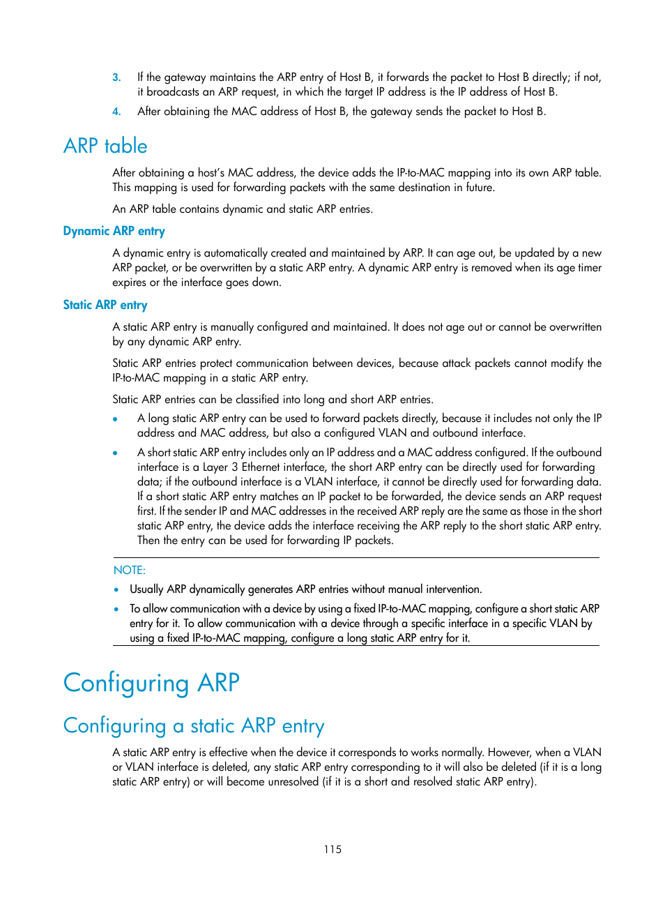 Arp table, Dynamic arp entry, Static arp entry | Configuring arp, Configuring a static arp entry | H3C Technologies H3C SecBlade NetStream Cards User Manual | Page 130 / 349