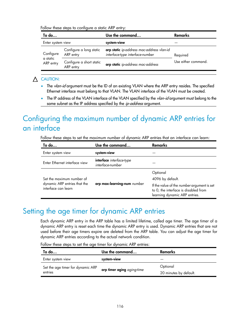 Setting the age timer for dynamic arp entries | H3C Technologies H3C SecBlade NetStream Cards User Manual | Page 131 / 349