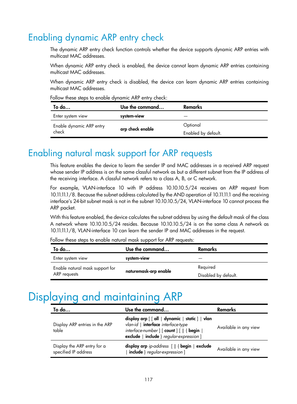 Enabling dynamic arp entry check, Enabling natural mask support for arp requests, Displaying and maintaining arp | H3C Technologies H3C SecBlade NetStream Cards User Manual | Page 132 / 349