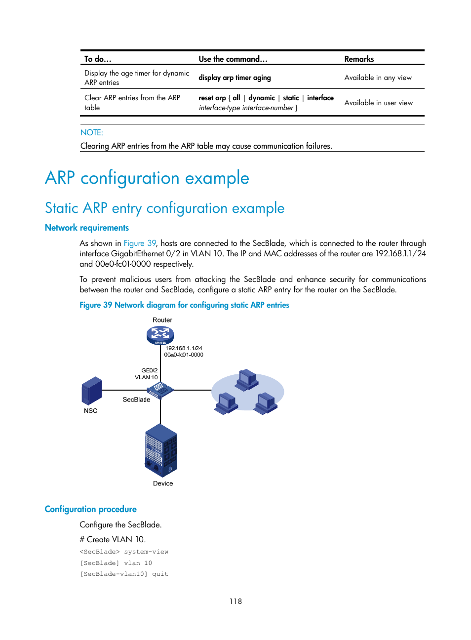 Arp configuration example, Static arp entry configuration example, Network requirements | Configuration procedure | H3C Technologies H3C SecBlade NetStream Cards User Manual | Page 133 / 349