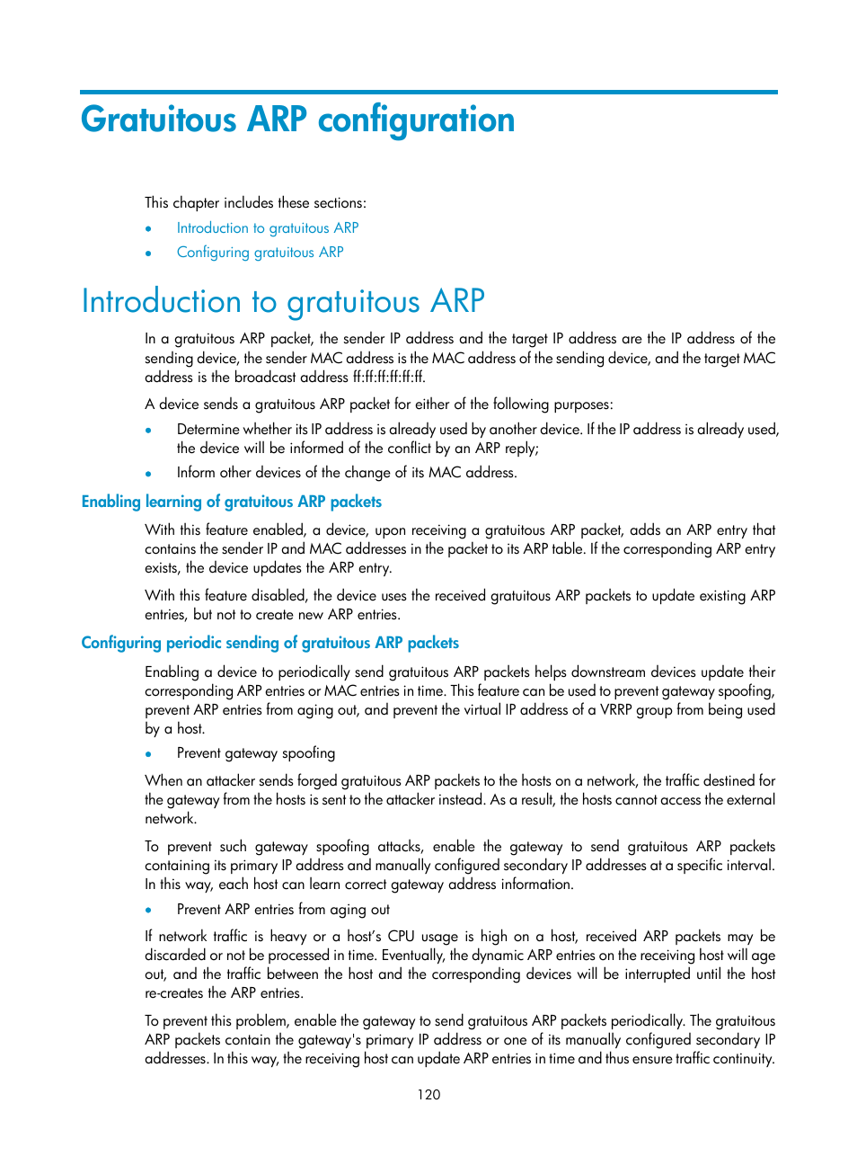 Gratuitous arp configuration, Introduction to gratuitous arp, Enabling learning of gratuitous arp packets | H3C Technologies H3C SecBlade NetStream Cards User Manual | Page 135 / 349