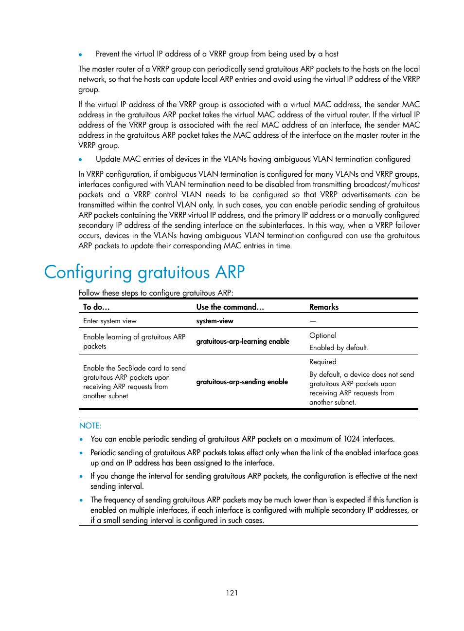 Configuring gratuitous arp | H3C Technologies H3C SecBlade NetStream Cards User Manual | Page 136 / 349
