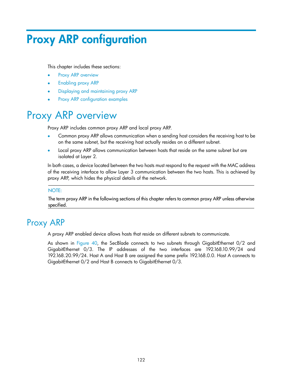 Proxy arp configuration, Proxy arp overview, Proxy arp | H3C Technologies H3C SecBlade NetStream Cards User Manual | Page 137 / 349