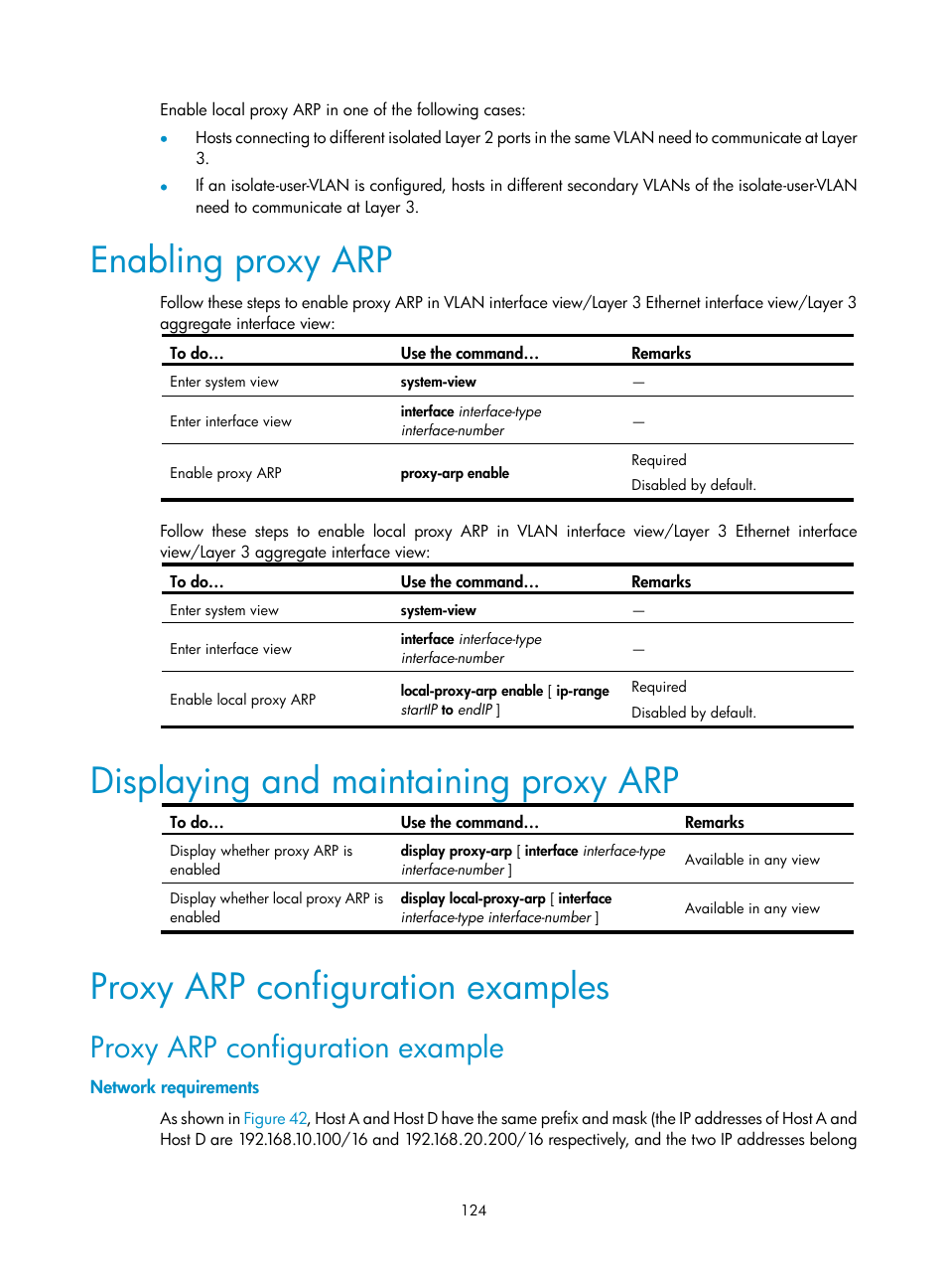 Enabling proxy arp, Displaying and maintaining proxy arp, Proxy arp configuration examples | Proxy arp configuration example, Network requirements | H3C Technologies H3C SecBlade NetStream Cards User Manual | Page 139 / 349