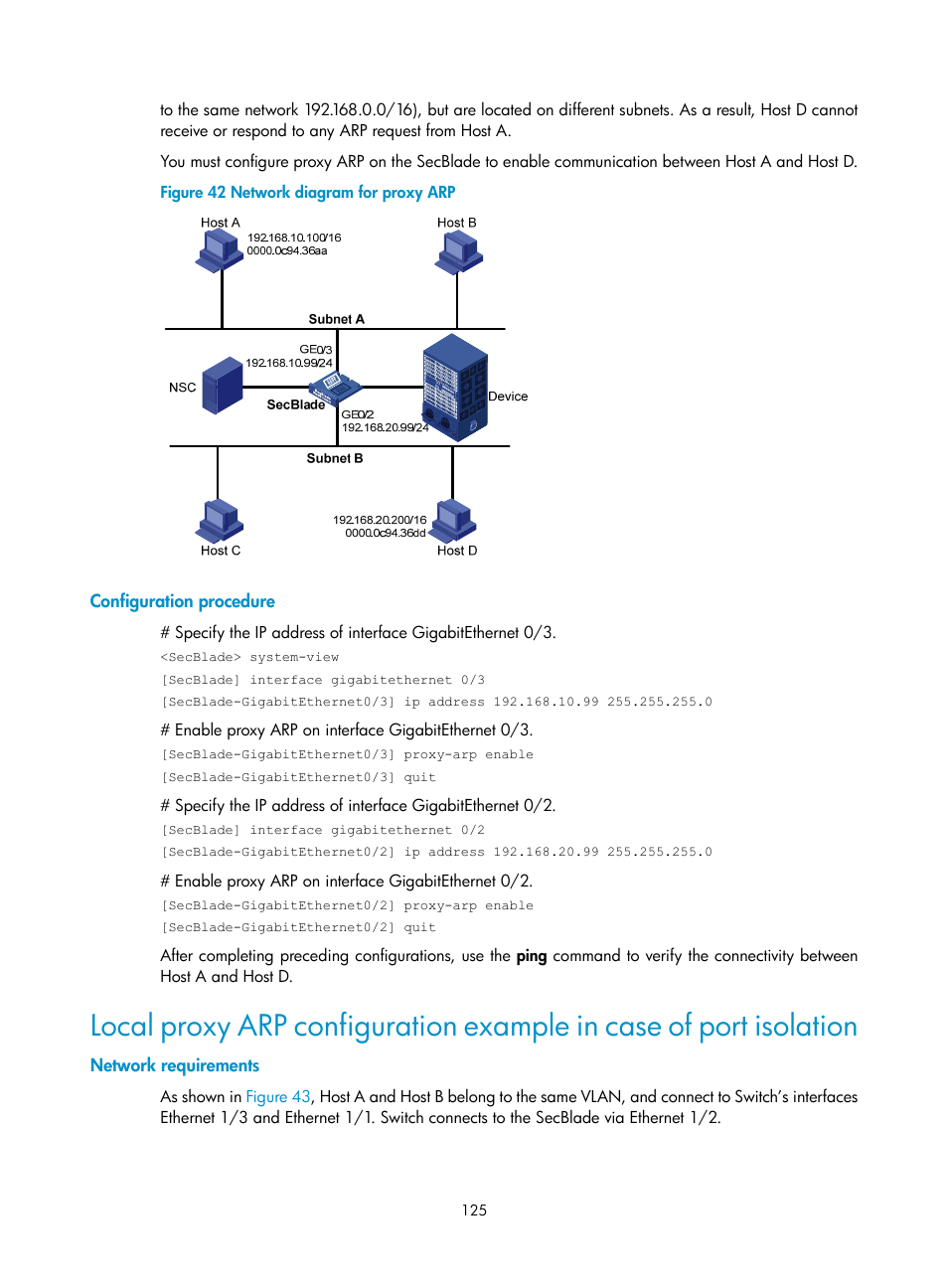Configuration procedure, Network requirements | H3C Technologies H3C SecBlade NetStream Cards User Manual | Page 140 / 349