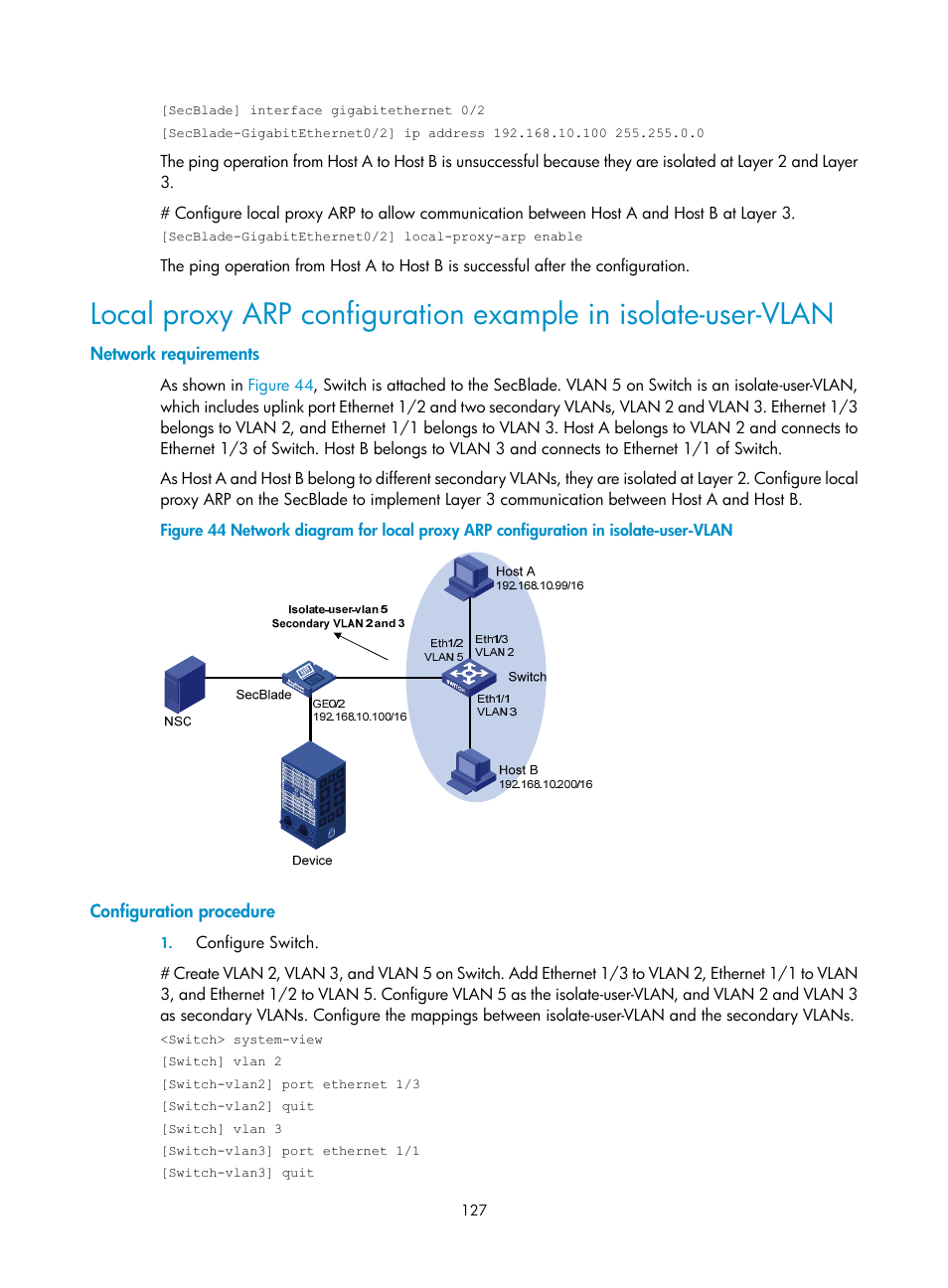 Network requirements, Configuration procedure | H3C Technologies H3C SecBlade NetStream Cards User Manual | Page 142 / 349