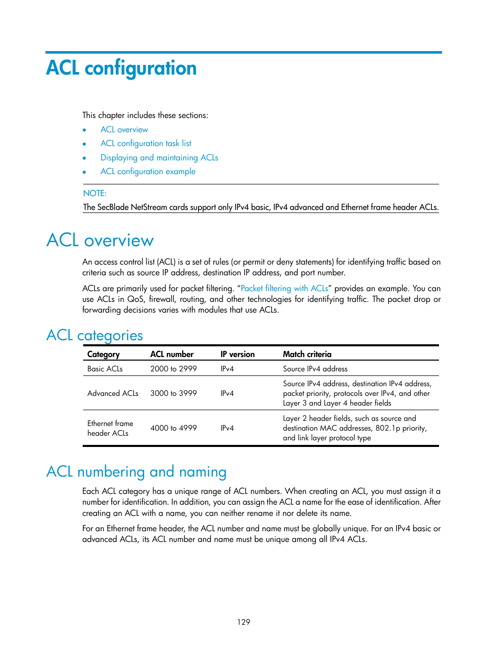 Acl configuration, Acl overview, Acl categories | Acl numbering and naming | H3C Technologies H3C SecBlade NetStream Cards User Manual | Page 144 / 349
