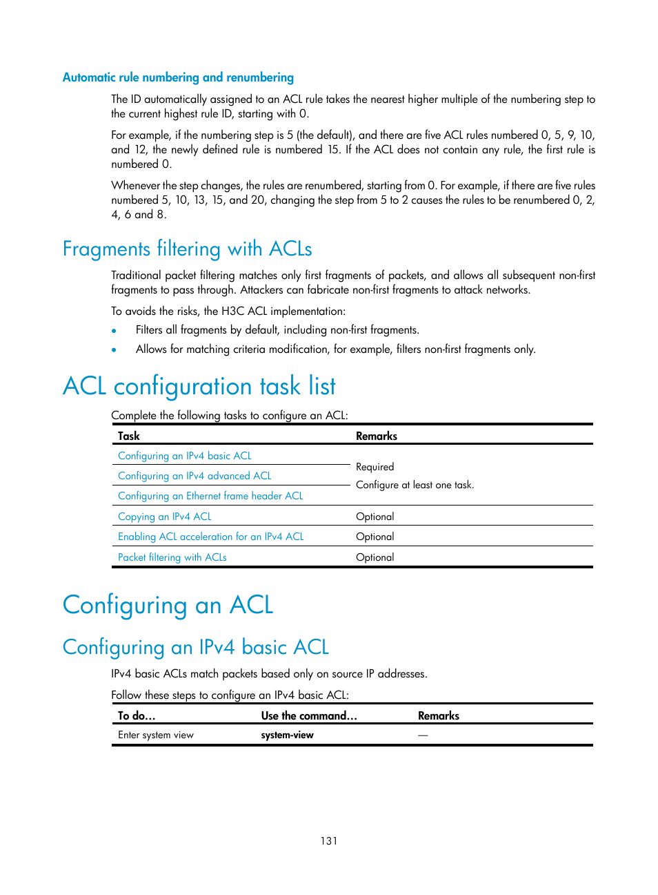 Automatic rule numbering and renumbering, Fragments filtering with acls, Acl configuration task list | Configuring an acl, Configuring an ipv4 basic acl | H3C Technologies H3C SecBlade NetStream Cards User Manual | Page 146 / 349