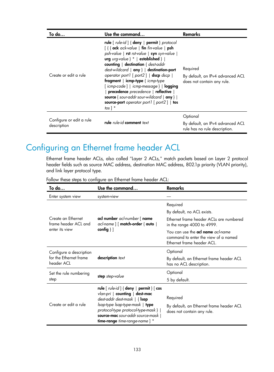 Configuring an ethernet frame header acl | H3C Technologies H3C SecBlade NetStream Cards User Manual | Page 148 / 349