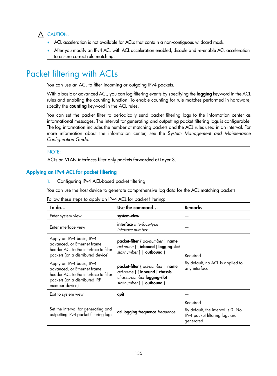 Packet filtering with acls, Applying an ipv4 acl for packet filtering | H3C Technologies H3C SecBlade NetStream Cards User Manual | Page 150 / 349