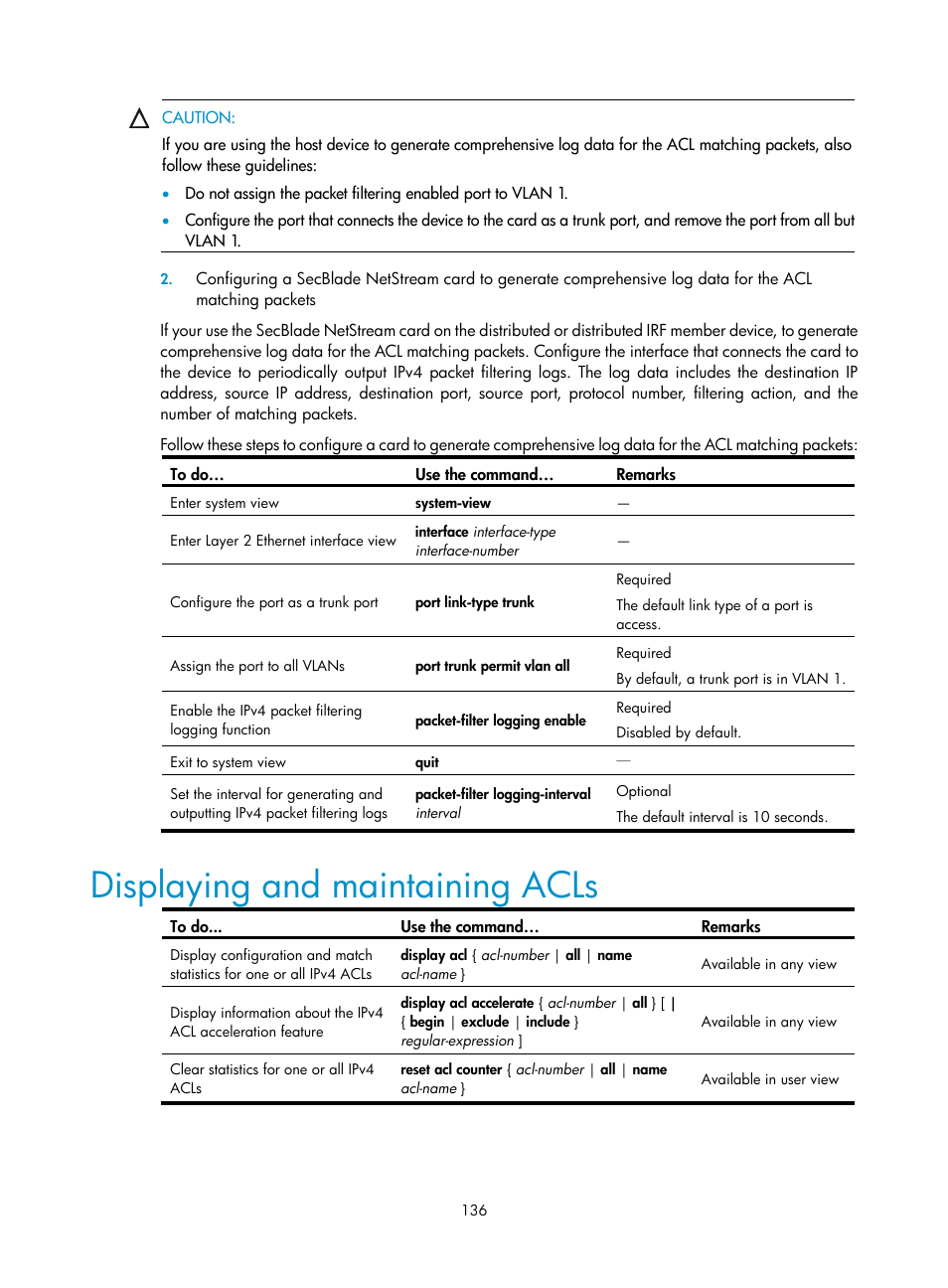 Displaying and maintaining acls | H3C Technologies H3C SecBlade NetStream Cards User Manual | Page 151 / 349