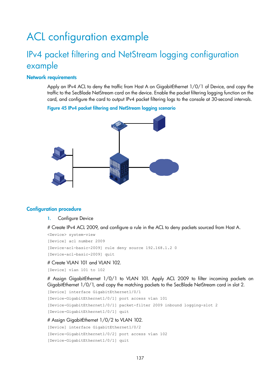 Acl configuration example, Network requirements, Configuration procedure | H3C Technologies H3C SecBlade NetStream Cards User Manual | Page 152 / 349