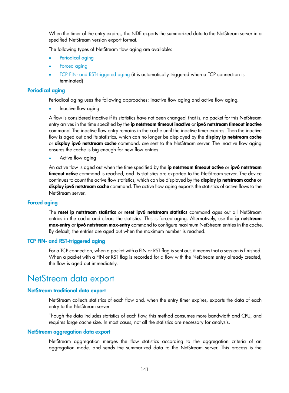 Periodical aging, Forced aging, Tcp fin- and rst-triggered aging | Netstream data export, Netstream traditional data export, Netstream aggregation data export | H3C Technologies H3C SecBlade NetStream Cards User Manual | Page 156 / 349