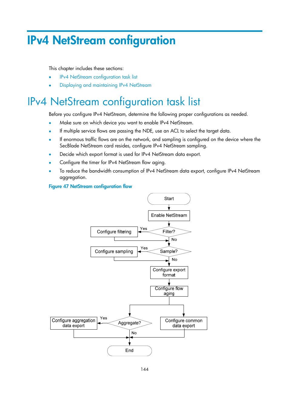 Ipv4 netstream configuration, Ipv4 netstream configuration task list | H3C Technologies H3C SecBlade NetStream Cards User Manual | Page 159 / 349