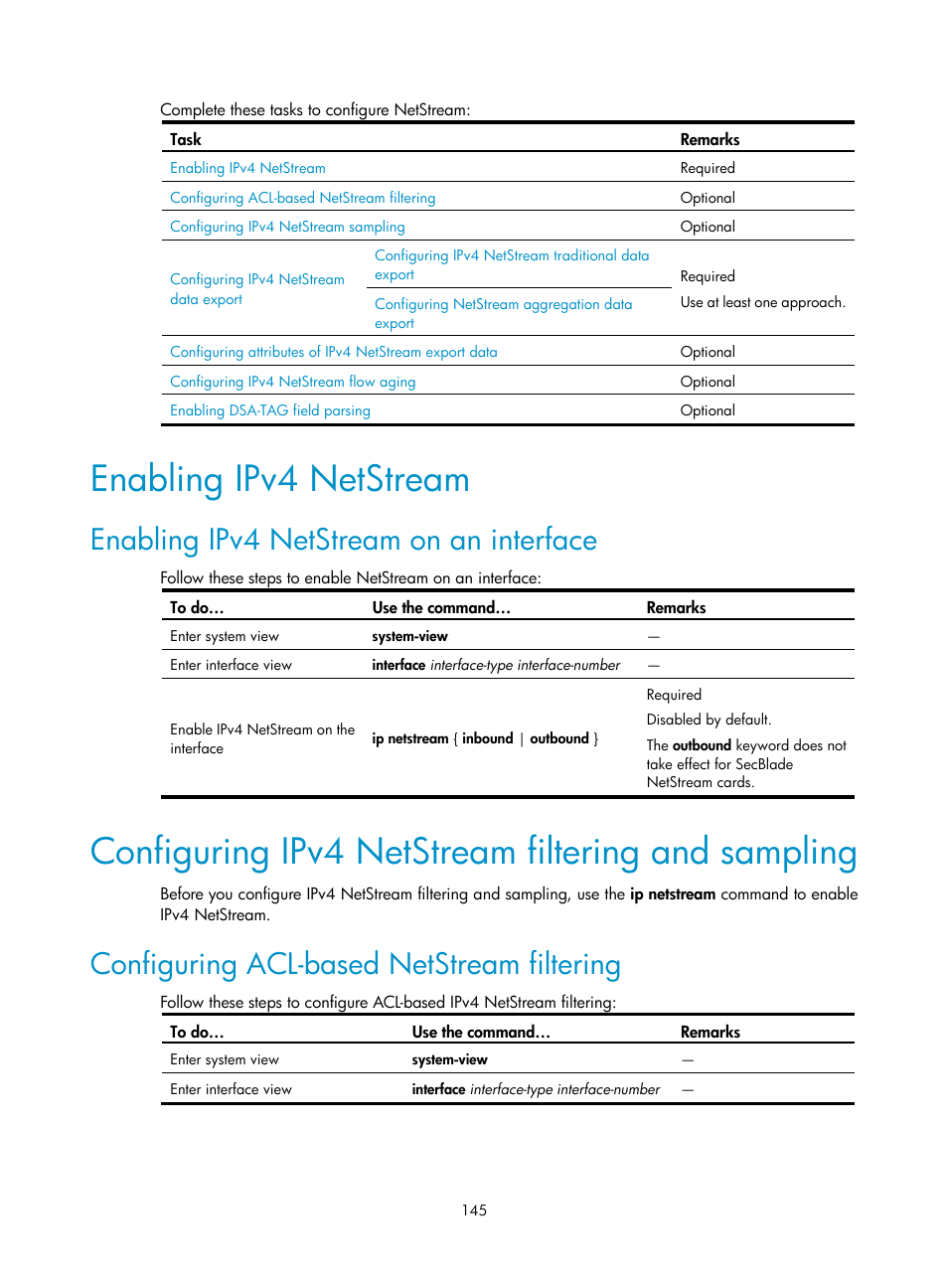 Enabling ipv4 netstream, Enabling ipv4 netstream on an interface, Configuring ipv4 netstream filtering and sampling | Configuring acl-based netstream filtering | H3C Technologies H3C SecBlade NetStream Cards User Manual | Page 160 / 349